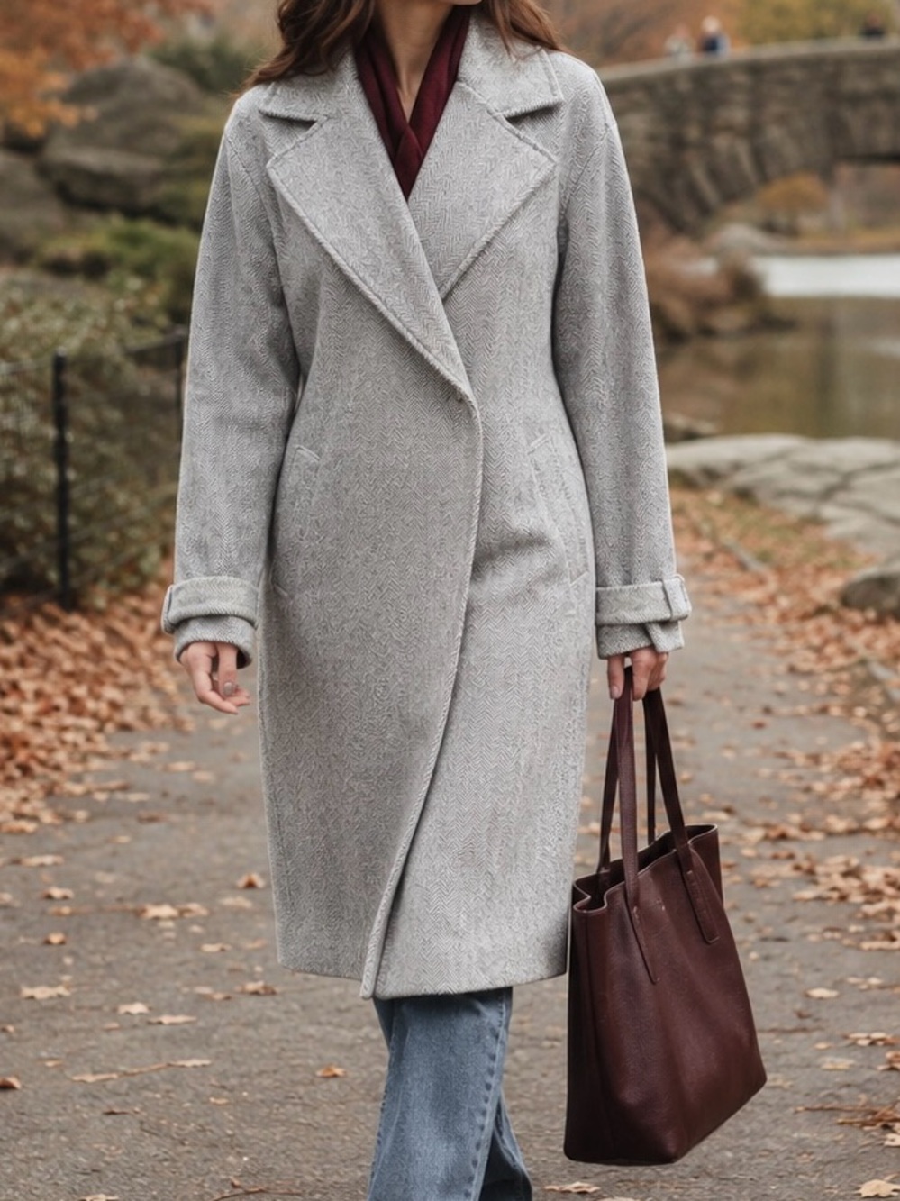 Haute Monde Gray Herringbone Midi Overcoat Single Button L Minimalist Coastal